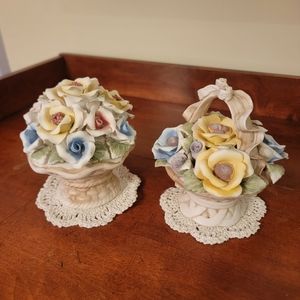 Italian Capodimonte Handmade 'n Painted Floral Vintage Porcelain Rose Baskets